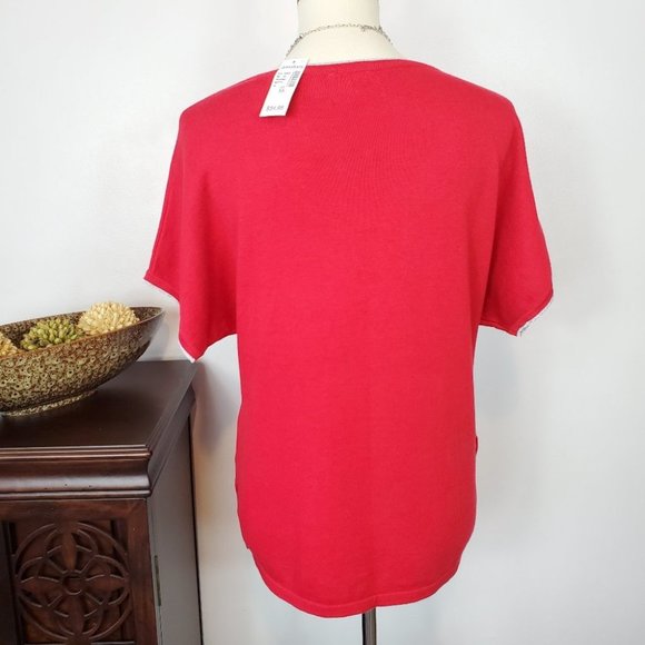 Westport Red With Silver Trim Knit Pullover Short Dolman Sleeve Top NEW Size XS - Picture 4 of 8